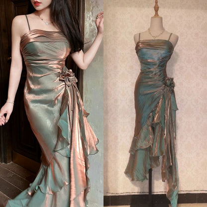 Retro Mermaid Spaghetti Straps Satin Long Party Dress Prom Dresses SD1523