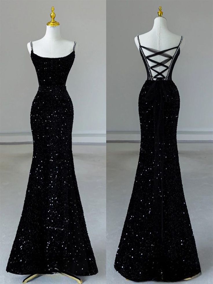 Sexy Mermaid Spaghetti Straps Sequin Black Long Prom Dresses SD1526