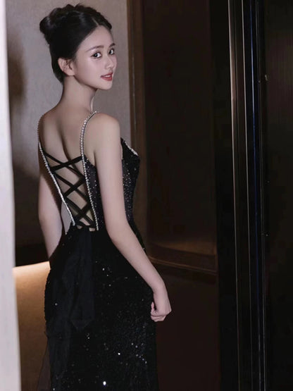 Sexy Mermaid Spaghetti Straps Sequin Black Long Prom Dresses SD1526