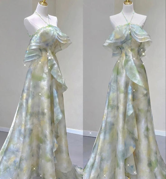 Classy A line Off The Shoulder Halter Green Floral Beads Long Party Dress Prom Dresses SD1528