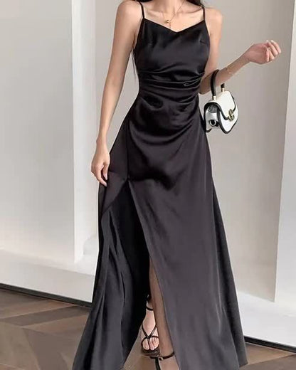 Spaghetti Straps Black A Line Satin Long Prom Dresses With Slit SD1539