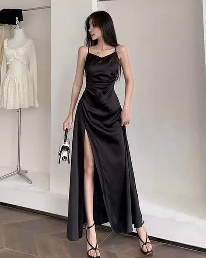 Spaghetti Straps Black A Line Satin Long Prom Dresses With Slit SD1539