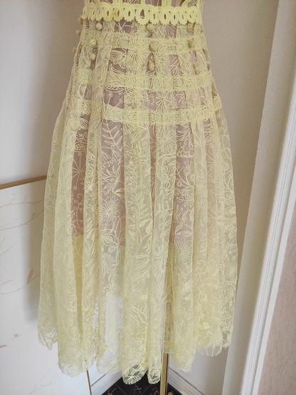 Cute A line Scoop Yellow Short Sleeves Lace Vacation Dress Women Dresses SD153