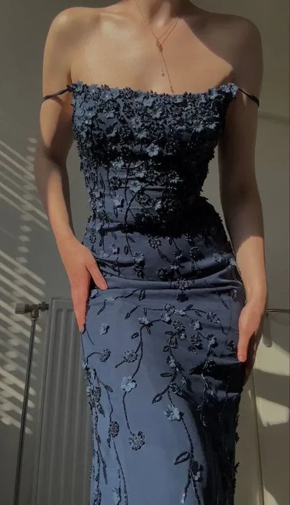 Sexy Mermaid Spaghetti Straps Satin Navy Blue Floral Long Evening Dress Prom Dresses SD1551