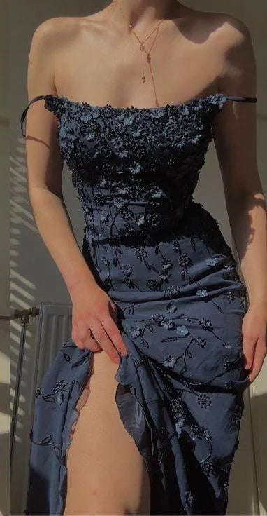 Sexy Mermaid Spaghetti Straps Satin Navy Blue Floral Long Evening Dress Prom Dresses SD1551