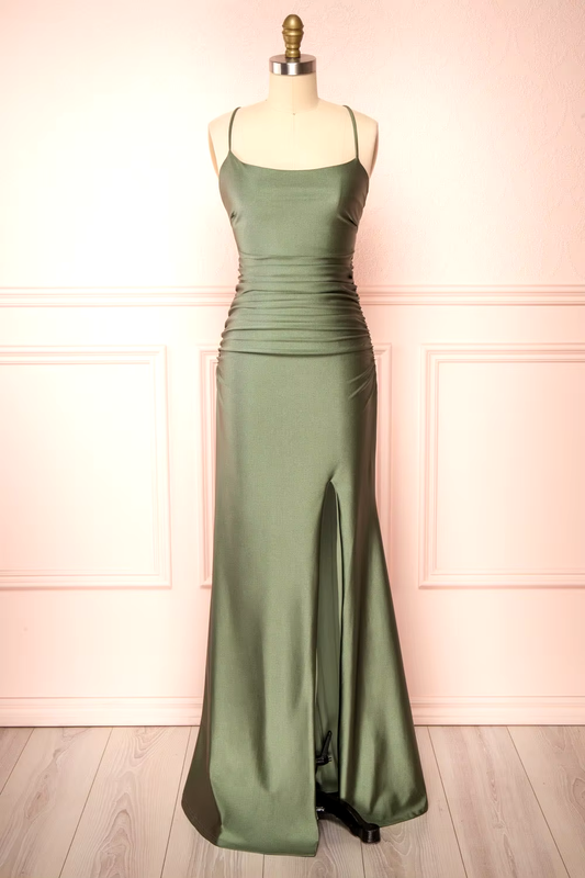 Modest Sheath Olive Green Backless Long Prom Dresses Formal Graduation Party Dress Evening Dress SD1552