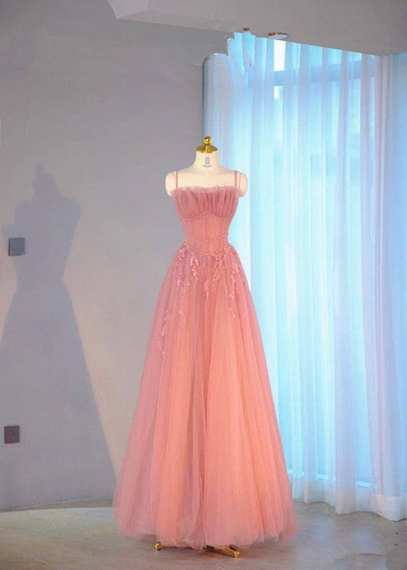 Pretty A line Straps Pink Tulle Long Party Dress Prom Dresses SD1553