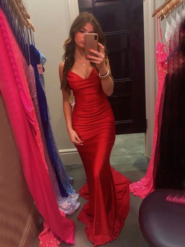 Elegant Sexy Spaghetti Strap V-neck Sleeveless Mermaid Satin Long Prom Dresses With Trailing For Party SD1563