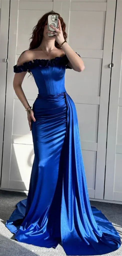 Sexy Off-shoulder Sleeveless Mermaid Satin Evening Prom Dresses SD1569