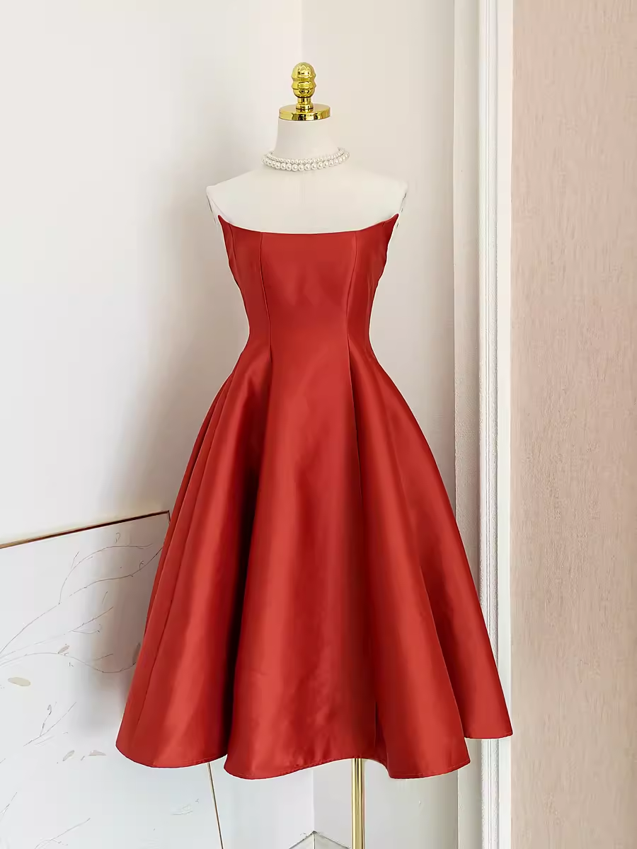 Cute A line Strapless Rust Red Vacation Dress Satin Women Dresses SD156