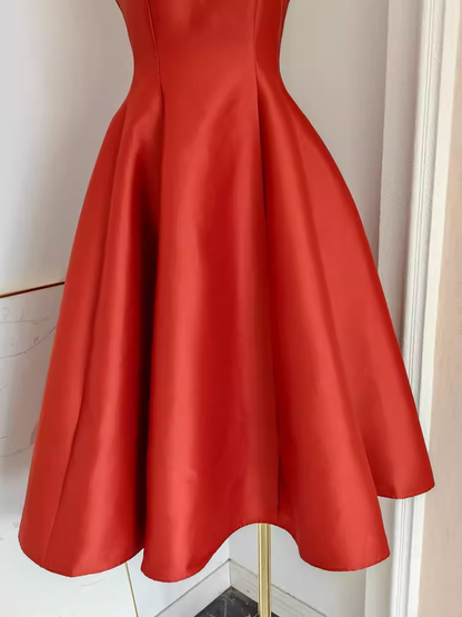 Cute A line Strapless Rust Red Vacation Dress Satin Women Dresses SD156