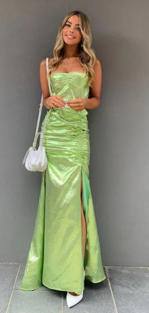 Spaghetti Strap Sleeveless Mermaid Satin Evening Green Prom Dresses SD1571