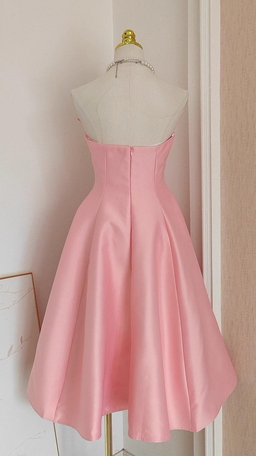 Cute A line Strapless Pink Vacation Dress Satin Women Dresses SD157