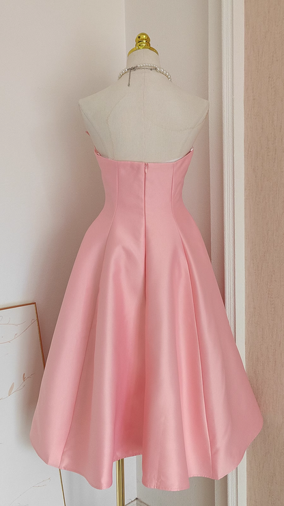 Cute A line Strapless Pink Vacation Dress Satin Women Dresses SD157