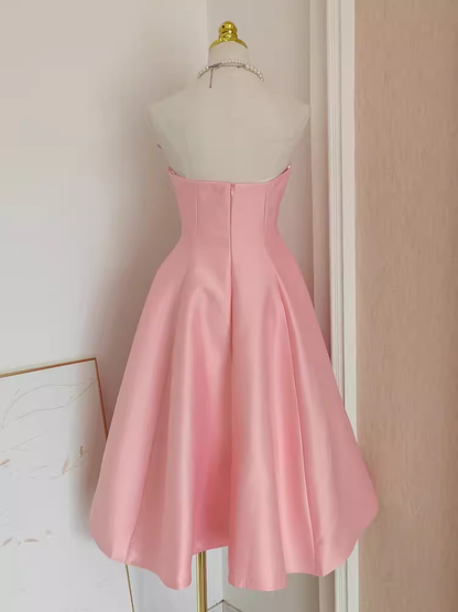 Cute A line Strapless Pink Vacation Dress Satin Women Dresses SD157