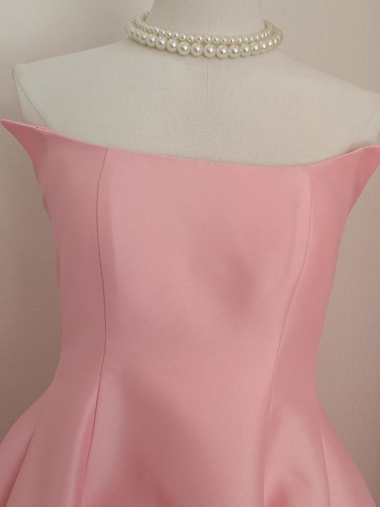 Cute A line Strapless Pink Vacation Dress Satin Women Dresses SD157