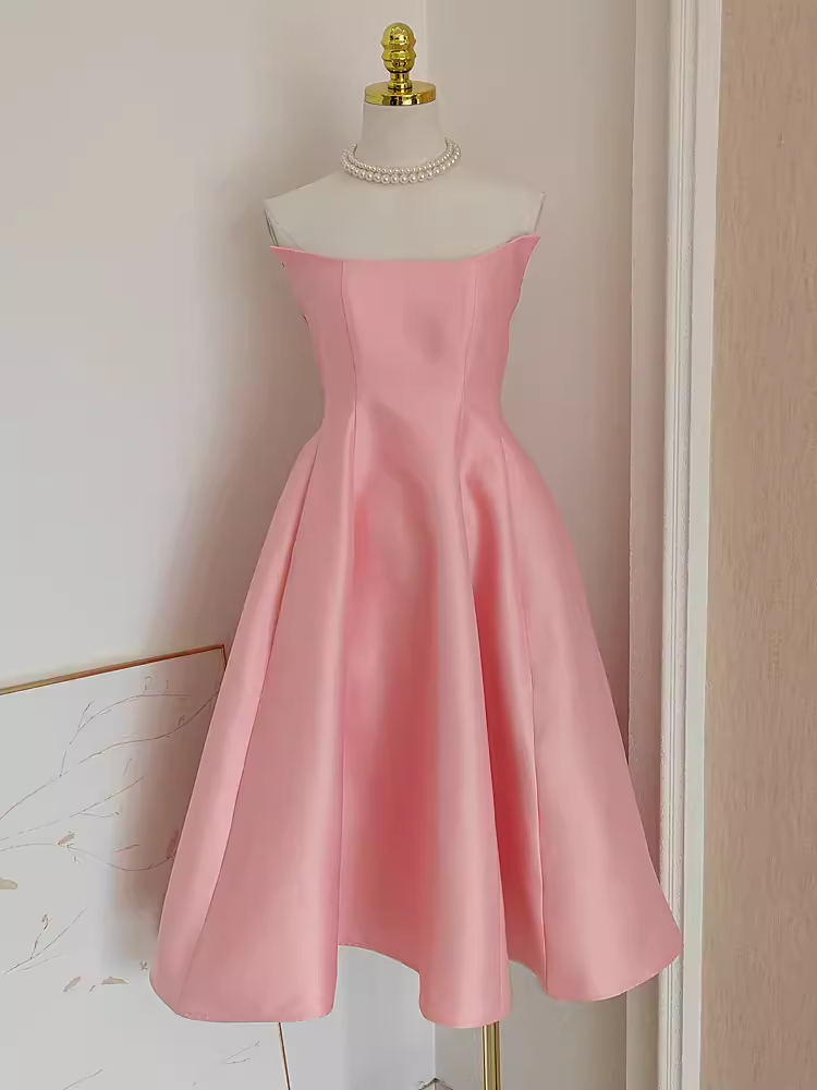 Cute A line Strapless Pink Vacation Dress Satin Women Dresses SD157