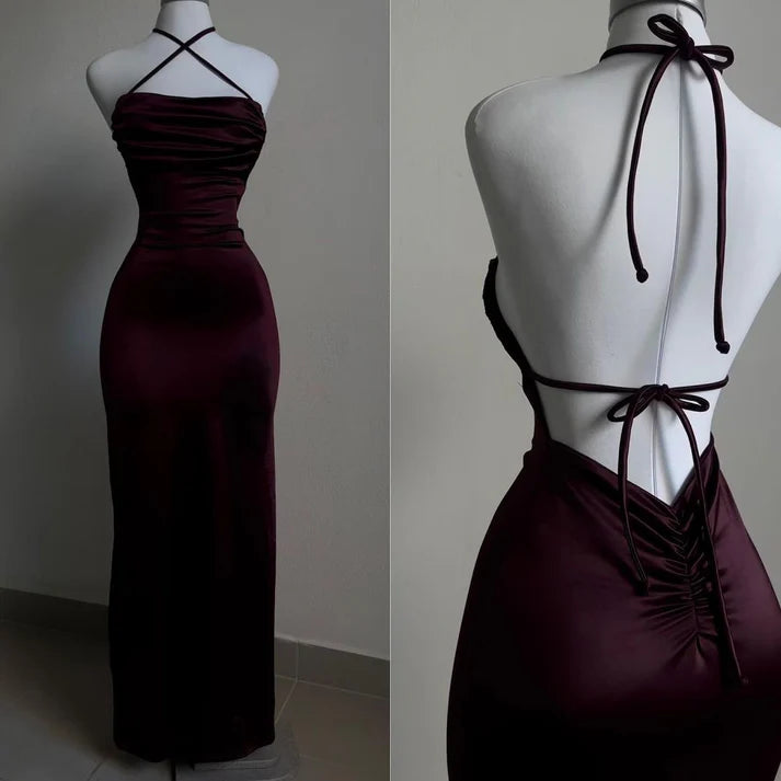 Sexy Mermaid Halter Floor Length Burgundy Backless Evening Dress Prom Dresses SD1595