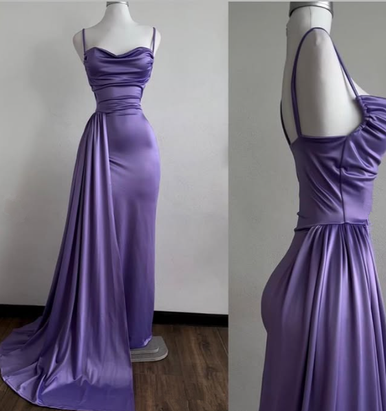 Sexy Mermaid Spaghetti Straps Floor Length Satin Grape Evening Dress Prom Dresses SD1600