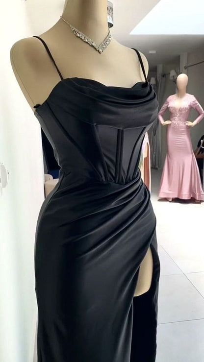 Sexy Mermaid Spaghetti Straps Black Long Evening Dress Backless Prom Dresses SD1606