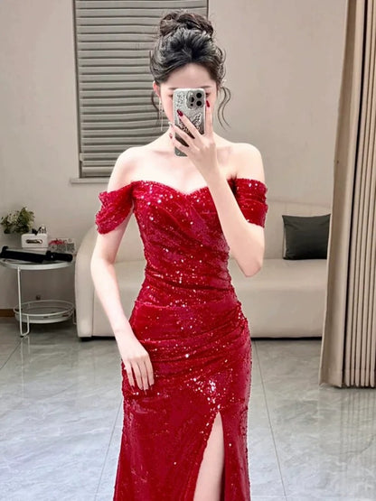 Sexy Mermaid Sweetheart Red Off The Shoulder Sequin Slit Floor Length Evening Dress Prom Dresses SD1609