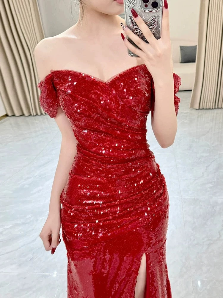 Sexy Mermaid Sweetheart Red Off The Shoulder Sequin Slit Floor Length Evening Dress Prom Dresses SD1609