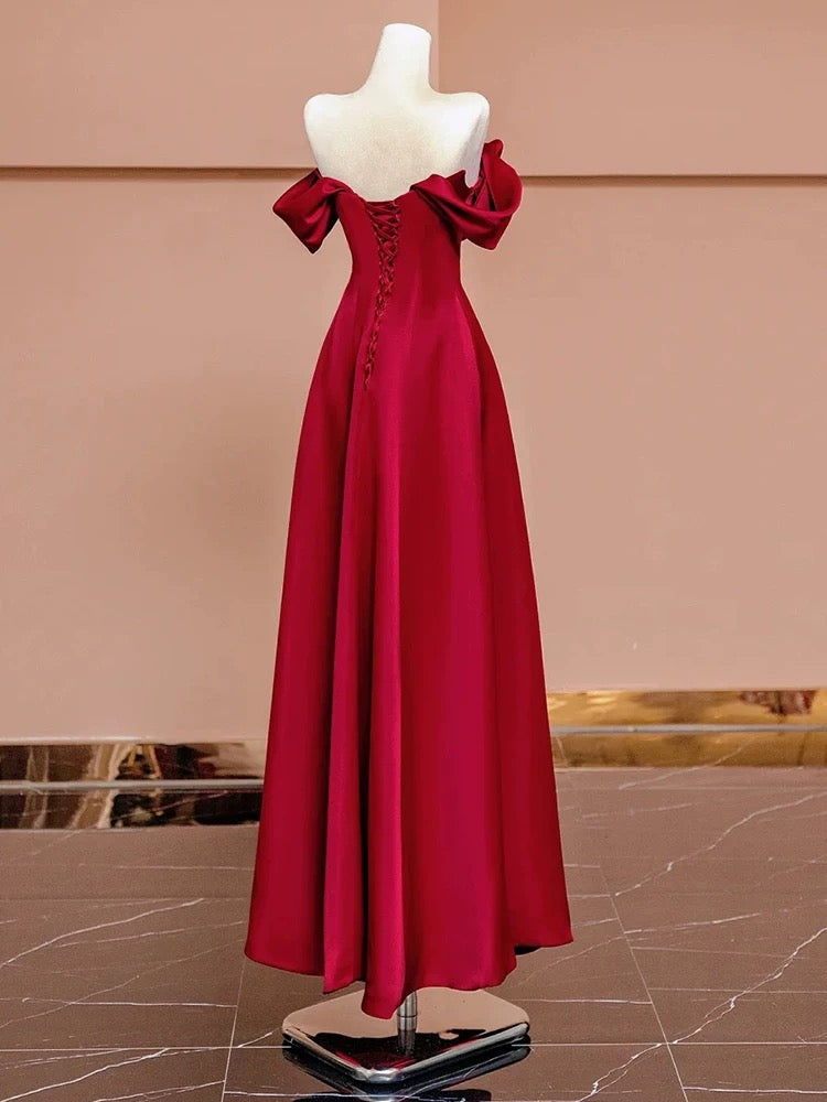 Sexy A Line Off The Shoulder Red Satin Floor Length Evening Dress Prom Dresses SD1610