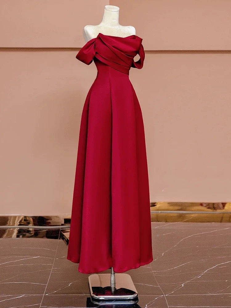 Sexy A Line Off The Shoulder Red Satin Floor Length Evening Dress Prom Dresses SD1610