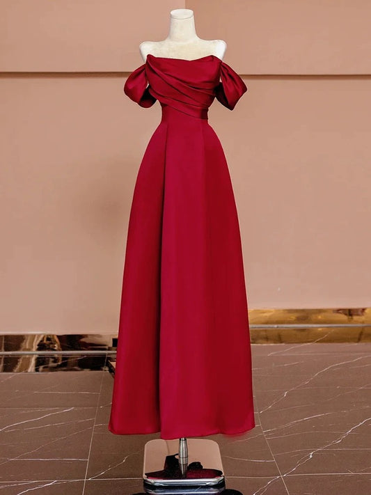 Sexy A Line Off The Shoulder Red Satin Floor Length Evening Dress Prom Dresses SD1610