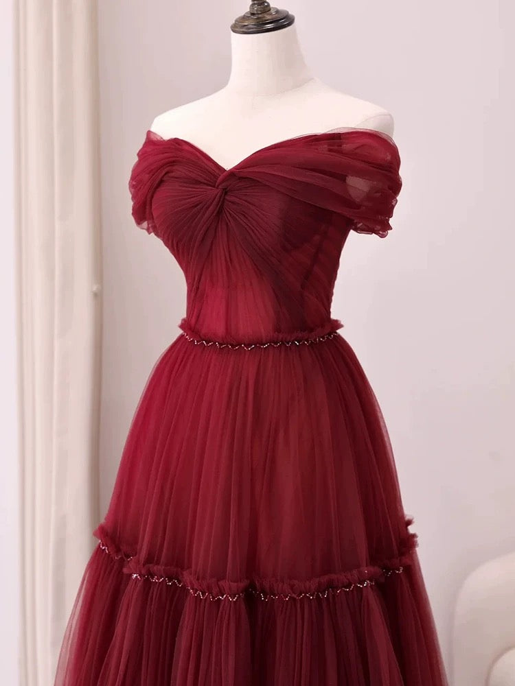 Sexy A Line Off The Shoulder Burgundy Tulle Floor Length Evening Dress Prom Dresses SD1612