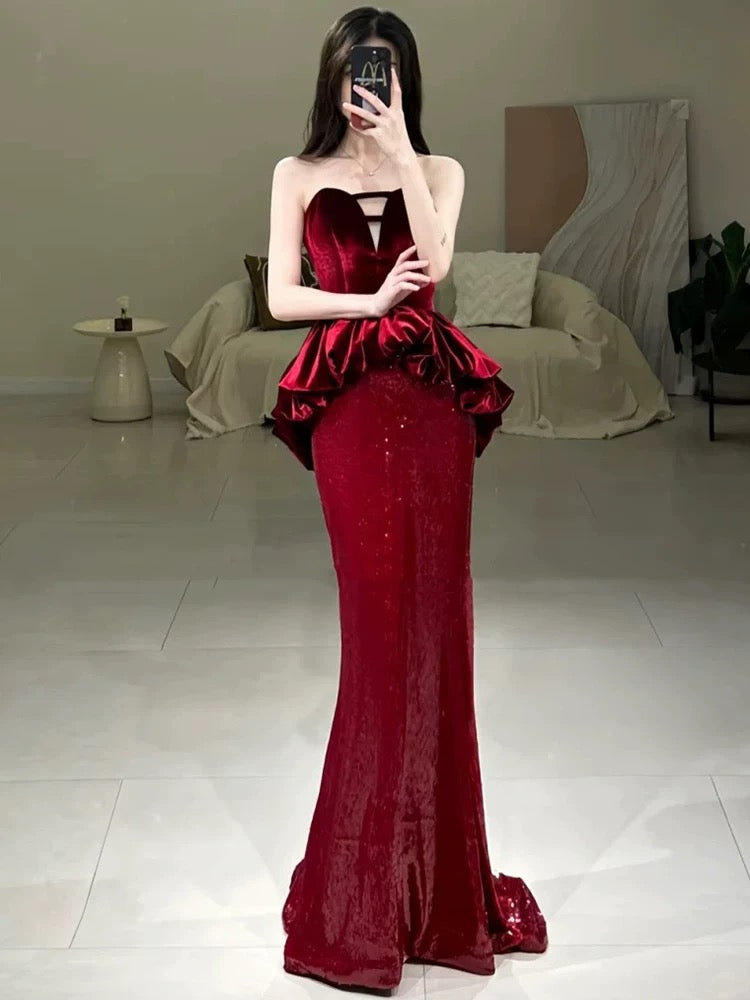 Sexy Mermaid Sweetheart Red Floor Length Evening Dress Prom Dresses SD1612