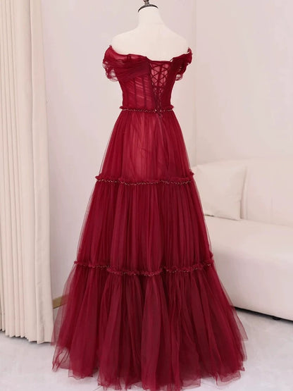 Sexy A Line Off The Shoulder Burgundy Tulle Floor Length Evening Dress Prom Dresses SD1612