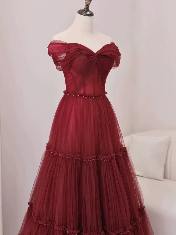 Sexy A Line Off The Shoulder Burgundy Tulle Floor Length Evening Dress Prom Dresses SD1612