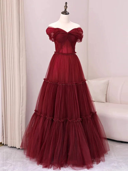 Sexy A Line Off The Shoulder Burgundy Tulle Floor Length Evening Dress Prom Dresses SD1612