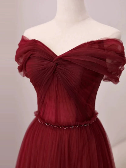 Sexy A Line Off The Shoulder Burgundy Tulle Floor Length Evening Dress Prom Dresses SD1612