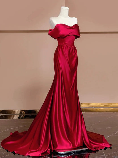 Sexy Mermaid Off The Shoulder Satin Red Floor Length Evening Dress Prom Dresses SD1614