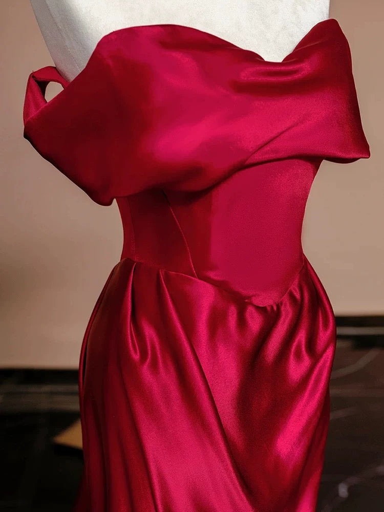 Sexy Mermaid Off The Shoulder Satin Red Floor Length Evening Dress Prom Dresses SD1614