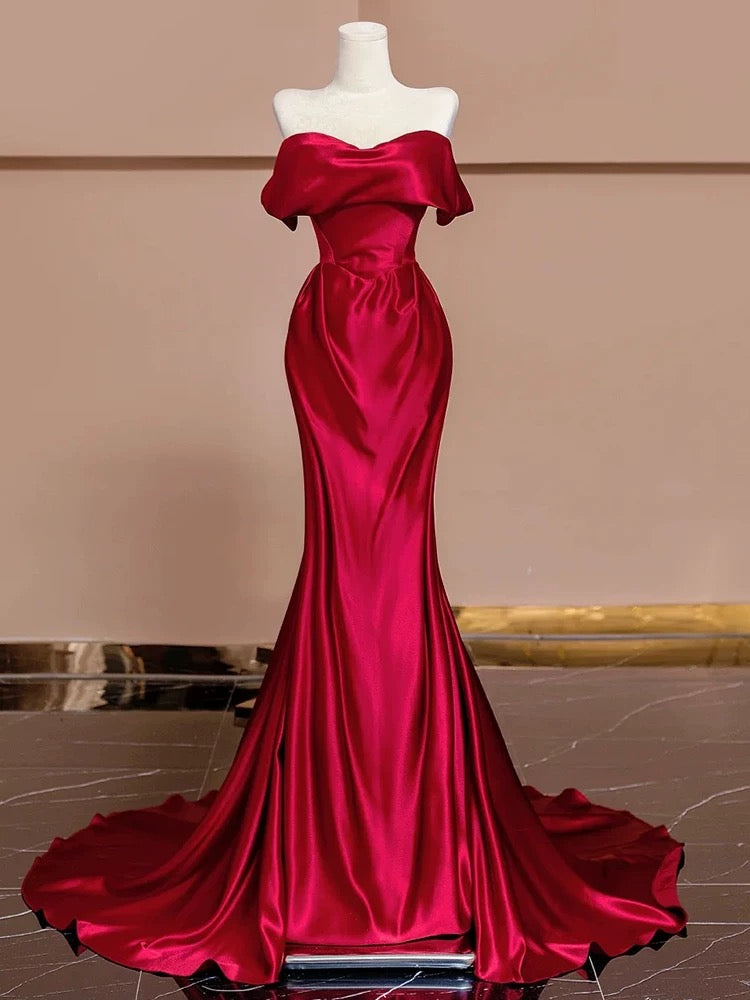 Sexy Mermaid Off The Shoulder Satin Red Floor Length Evening Dress Prom Dresses SD1614