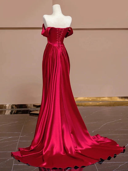 Sexy Mermaid Off The Shoulder Satin Red Floor Length Evening Dress Prom Dresses SD1614