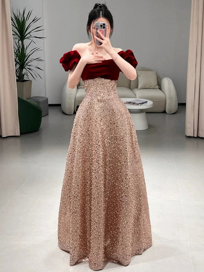 Sexy A Line Off The Shoulder Sequin Floor Length Evening Dress Prom Dresses SD1615