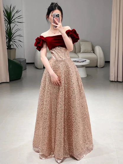 Sexy A Line Off The Shoulder Sequin Floor Length Evening Dress Prom Dresses SD1615