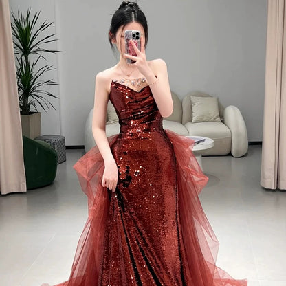 Sexy Mermaid Sweetheart Burgundy Floor Length Evening Dress Sequin Prom Dresses SD1616