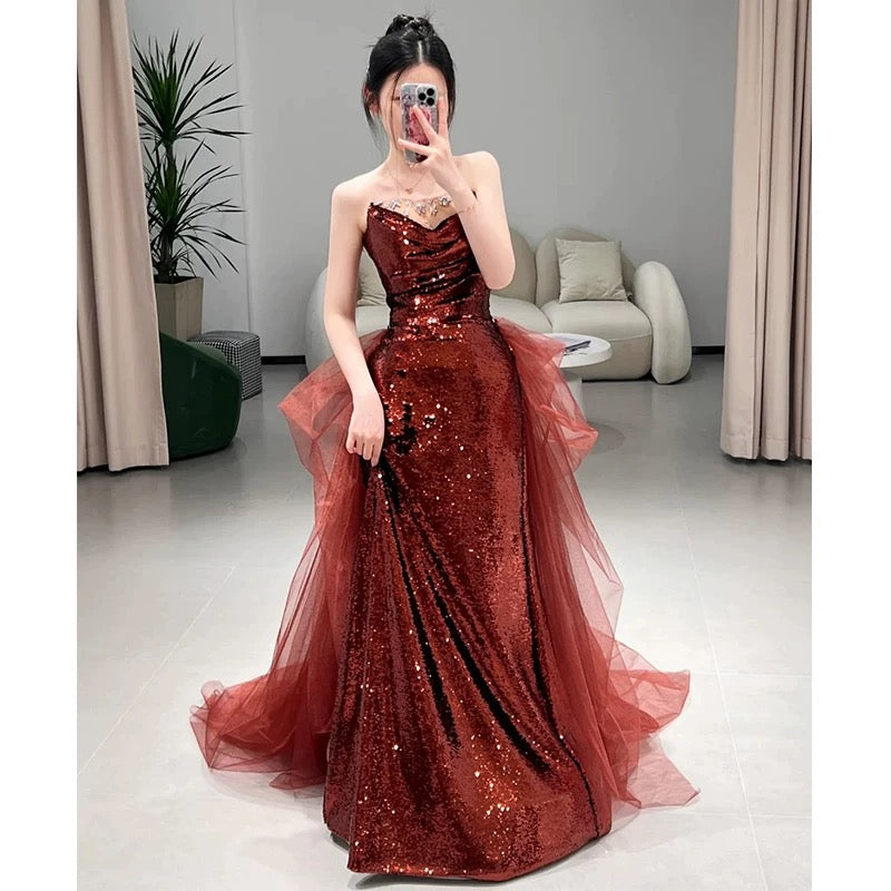 Sexy Mermaid Sweetheart Burgundy Floor Length Evening Dress Sequin Prom Dresses SD1616