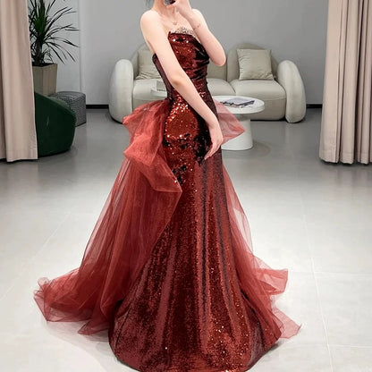 Sexy Mermaid Sweetheart Burgundy Floor Length Evening Dress Sequin Prom Dresses SD1616