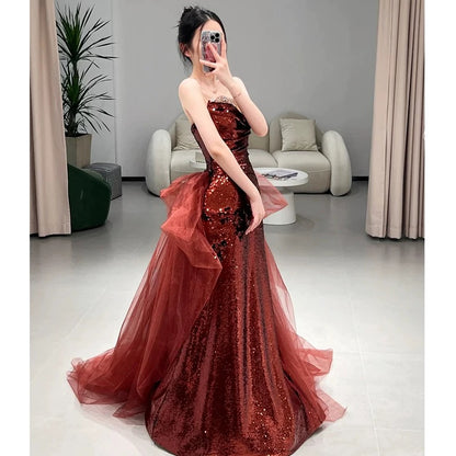 Sexy Mermaid Sweetheart Burgundy Floor Length Evening Dress Sequin Prom Dresses SD1616