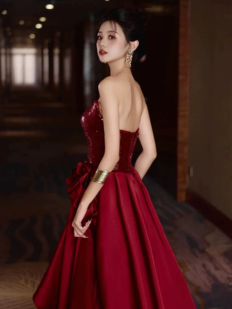 Modest Mermaid Sweetheart Burgundy Floor Length Evening Dress Sequin Prom Dresses SD1617