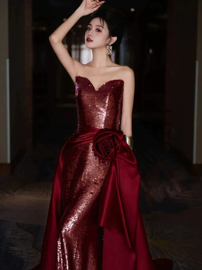 Modest Mermaid Sweetheart Burgundy Floor Length Evening Dress Sequin Prom Dresses SD1617