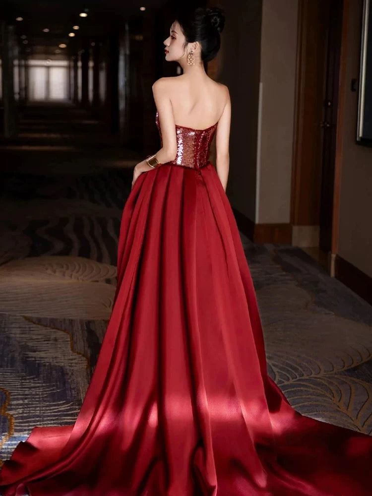 Modest Mermaid Sweetheart Burgundy Floor Length Evening Dress Sequin Prom Dresses SD1617