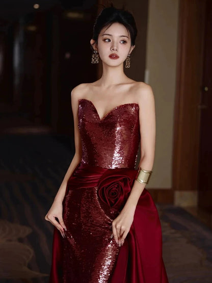 Modest Mermaid Sweetheart Burgundy Floor Length Evening Dress Sequin Prom Dresses SD1617