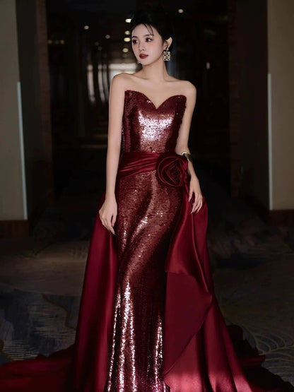 Modest Mermaid Sweetheart Burgundy Floor Length Evening Dress Sequin Prom Dresses SD1617